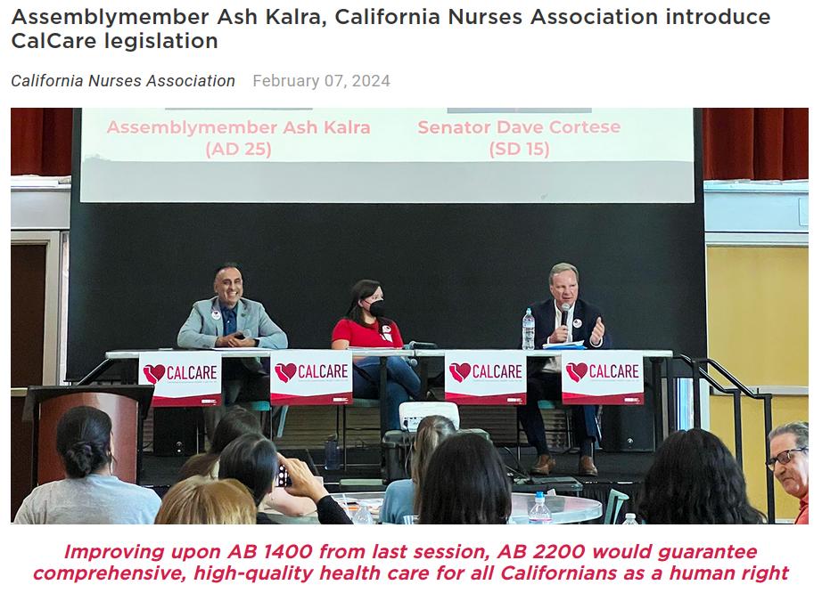 Photo of Assemblymember Ash Kalra, Senator Dave Cortese at CalCare event link to press release by California Nurses Association announcing introduction of AB 2200, the new Single-Payer healthcare reform bill in California