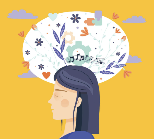 artist graphic of female face/hair profile on deep yellow background facing left with small floral and plant design elements and music notes in a white oval behind and above the top of her head.  Small, light blue cloud elements above her head on the yellow background.