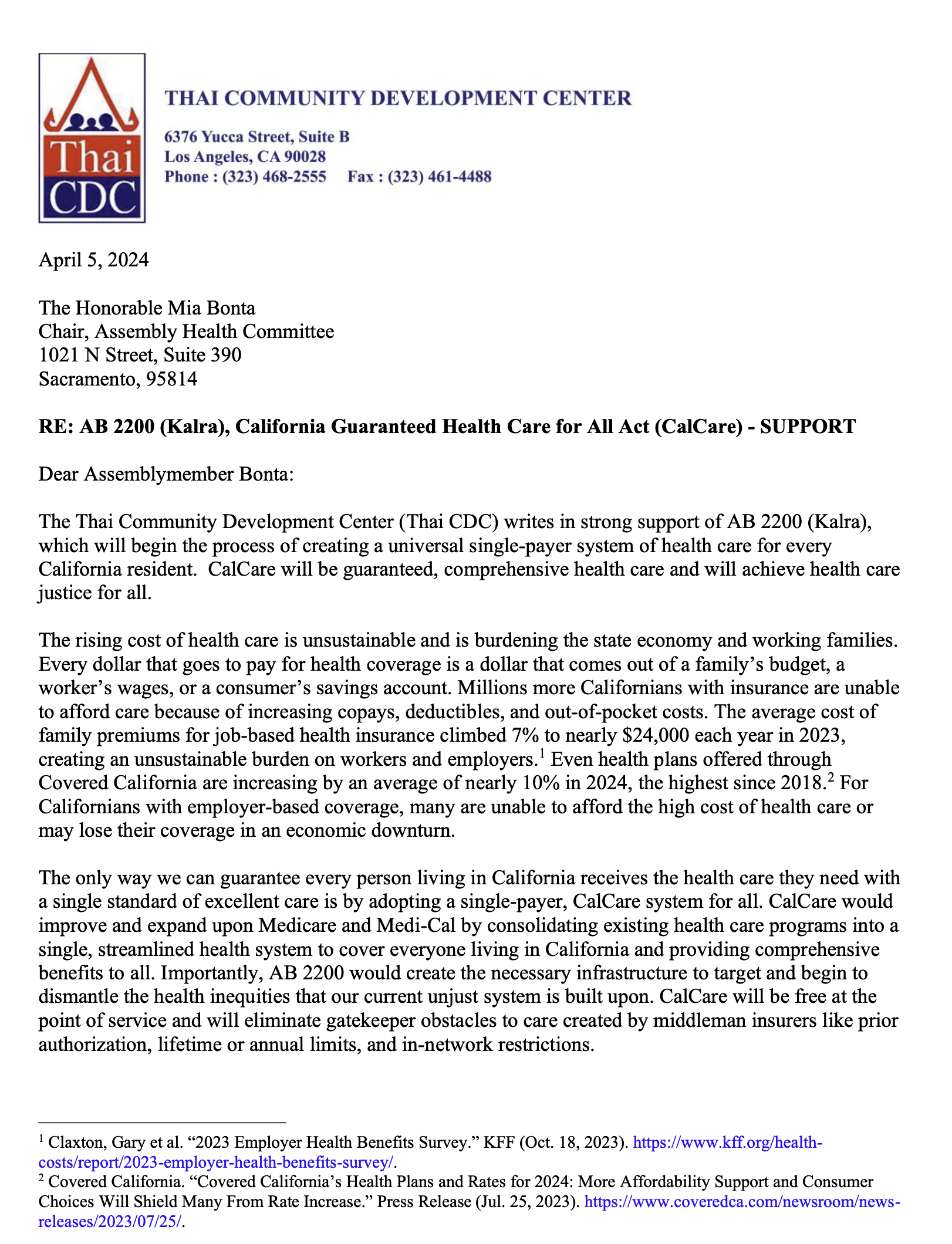 Thai CDC support letter for AB 2200 to the CA Assembly Committee on Health, p1 of 2