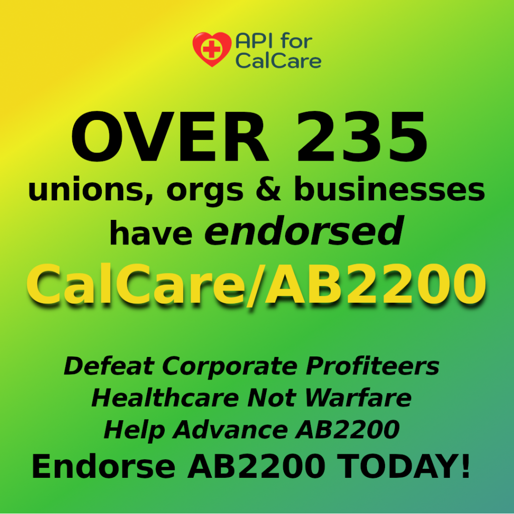 Graphic stating over 235 have endorsed AB2200/CalCare and call for more
