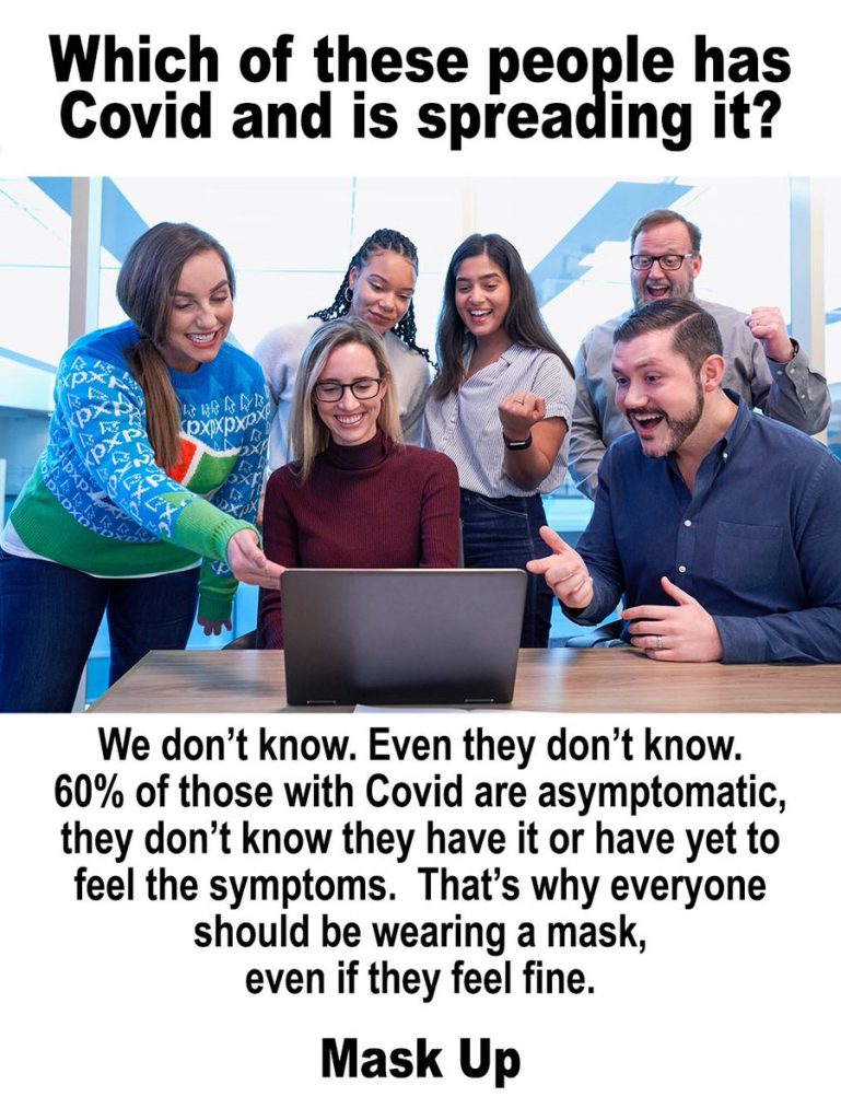 Photo of people standing, gathered around looking over the shoulder of one seated person's laptop screen, smiling. Text reads, "Which of these people has Covid and is spreading it? We don't know. Even they don't know. 60% of those with Covid are asymptomatic, they don't know they have it or have yet to feel the symptoms. That's why everyone should be wearing a mask even if they feel fine."